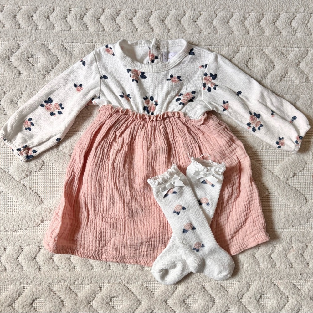 Riley Rachel Zoe Floral Bodysuit Attached Muslin Skirt + Floral Knee Socks, 0-3M